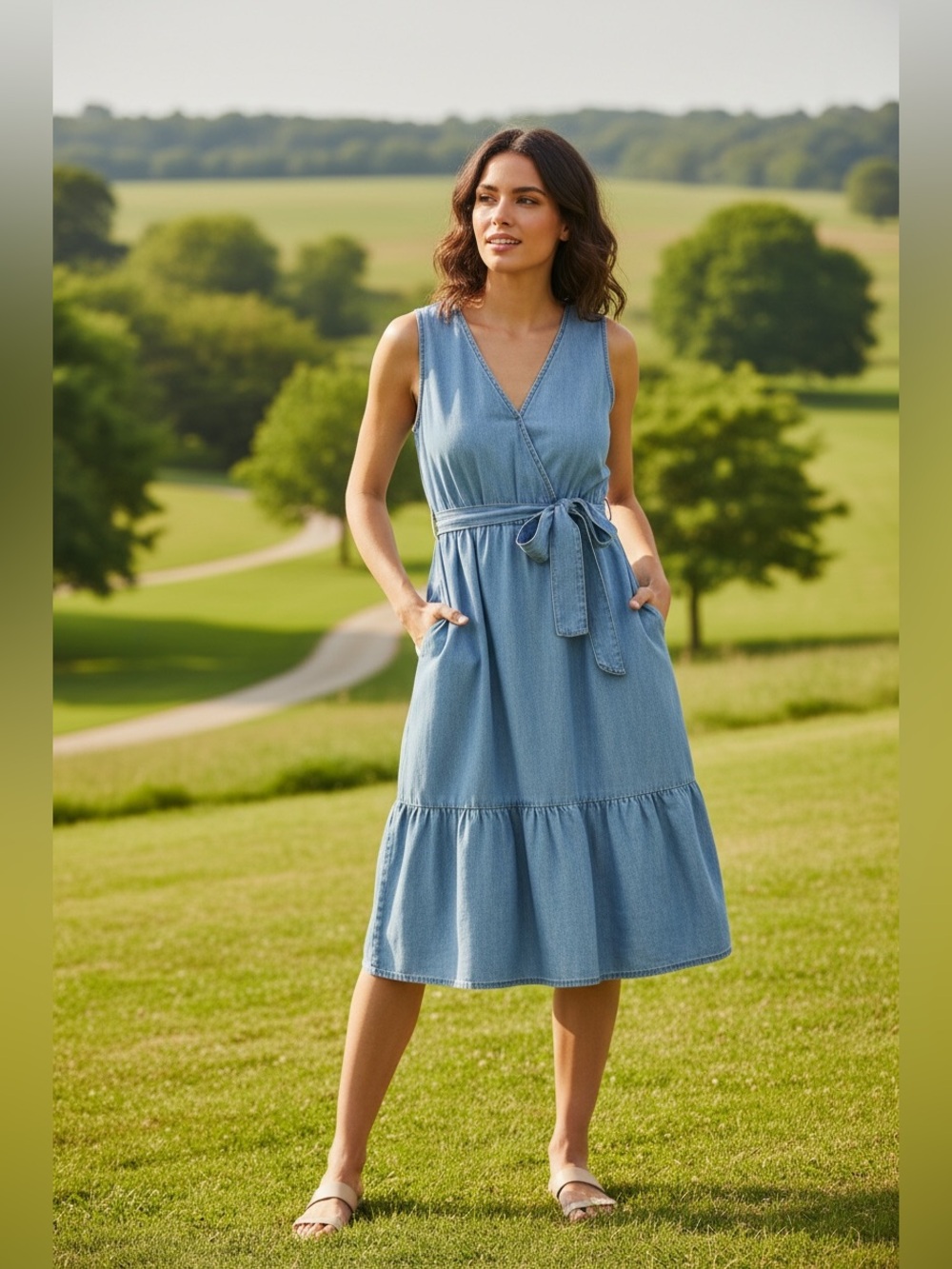 Suzy Shier light wash denim/Chambray midi-A-line silhouette.-Size Medium